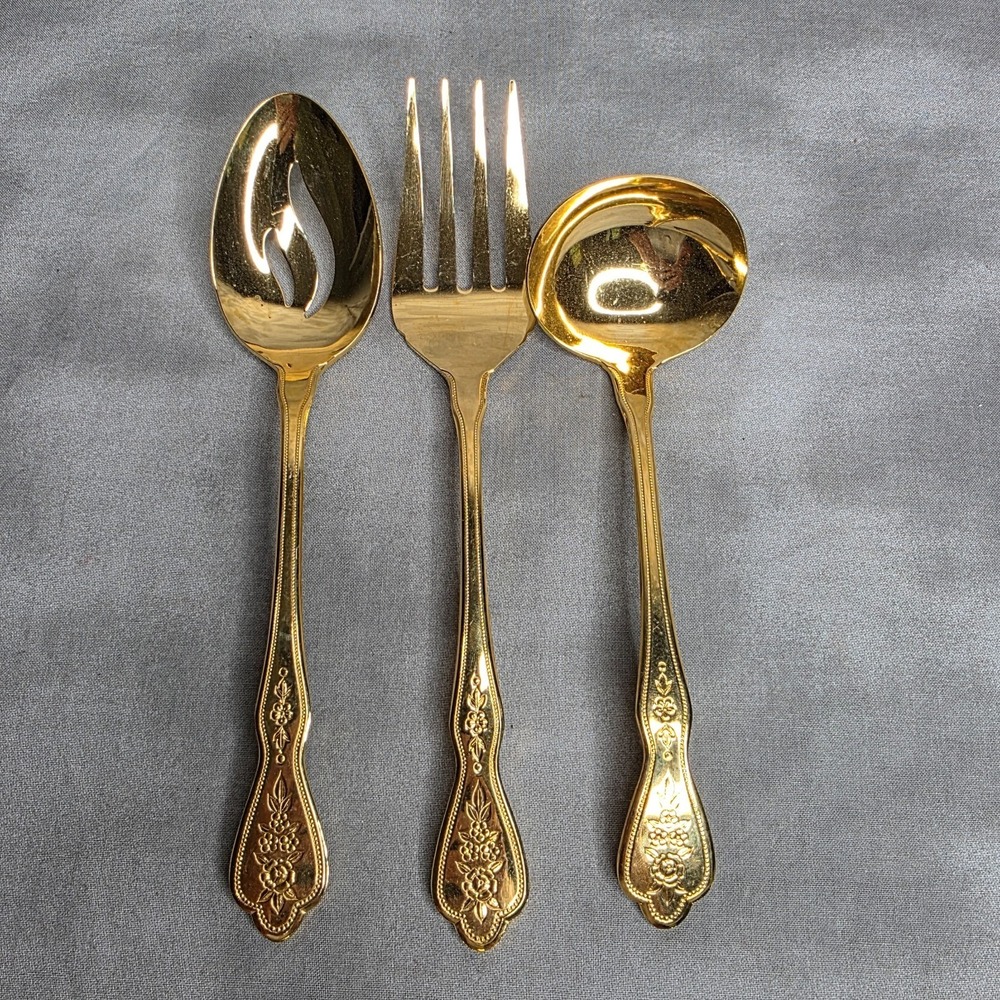 Home Concepts Gold Electroplate Stainless Floral Beaded Serving Spoon Fork Ladle